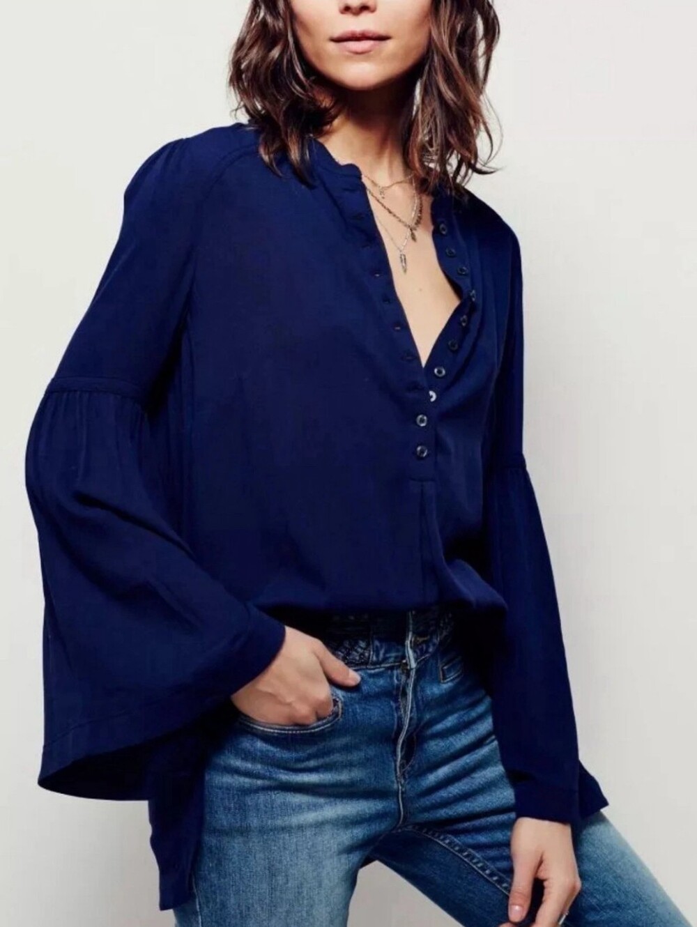 Free People Ivory Easy Girl Partial Button Draped Bell Sleeves Tunic Sz Medium